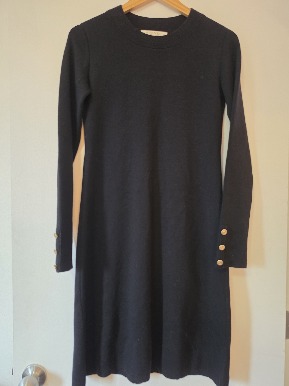 BUSNEL: Black Long Sleeve Knit Dress with Gold Buttons